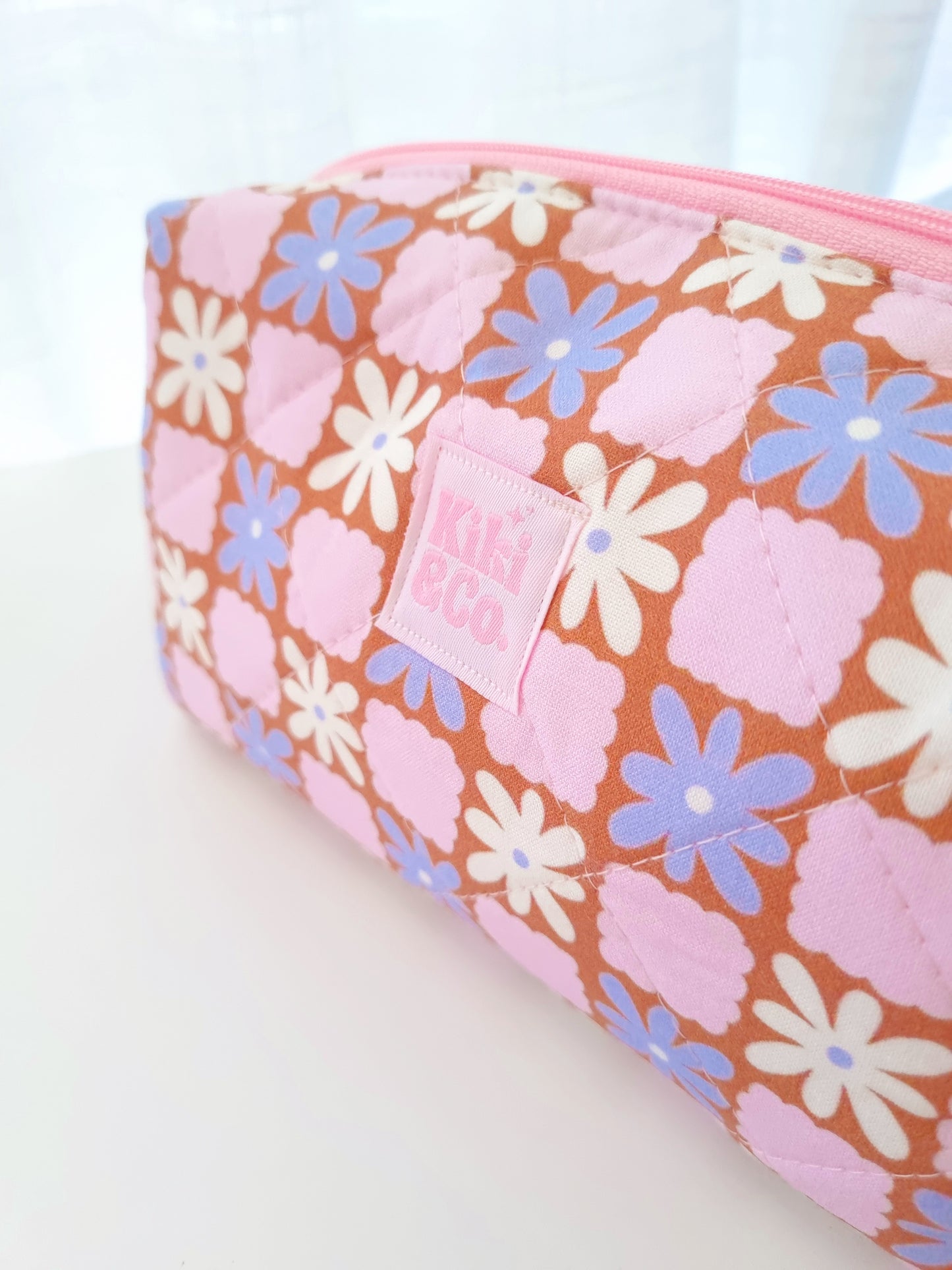 Quilted Makeup Bag- Retro Flower Grid