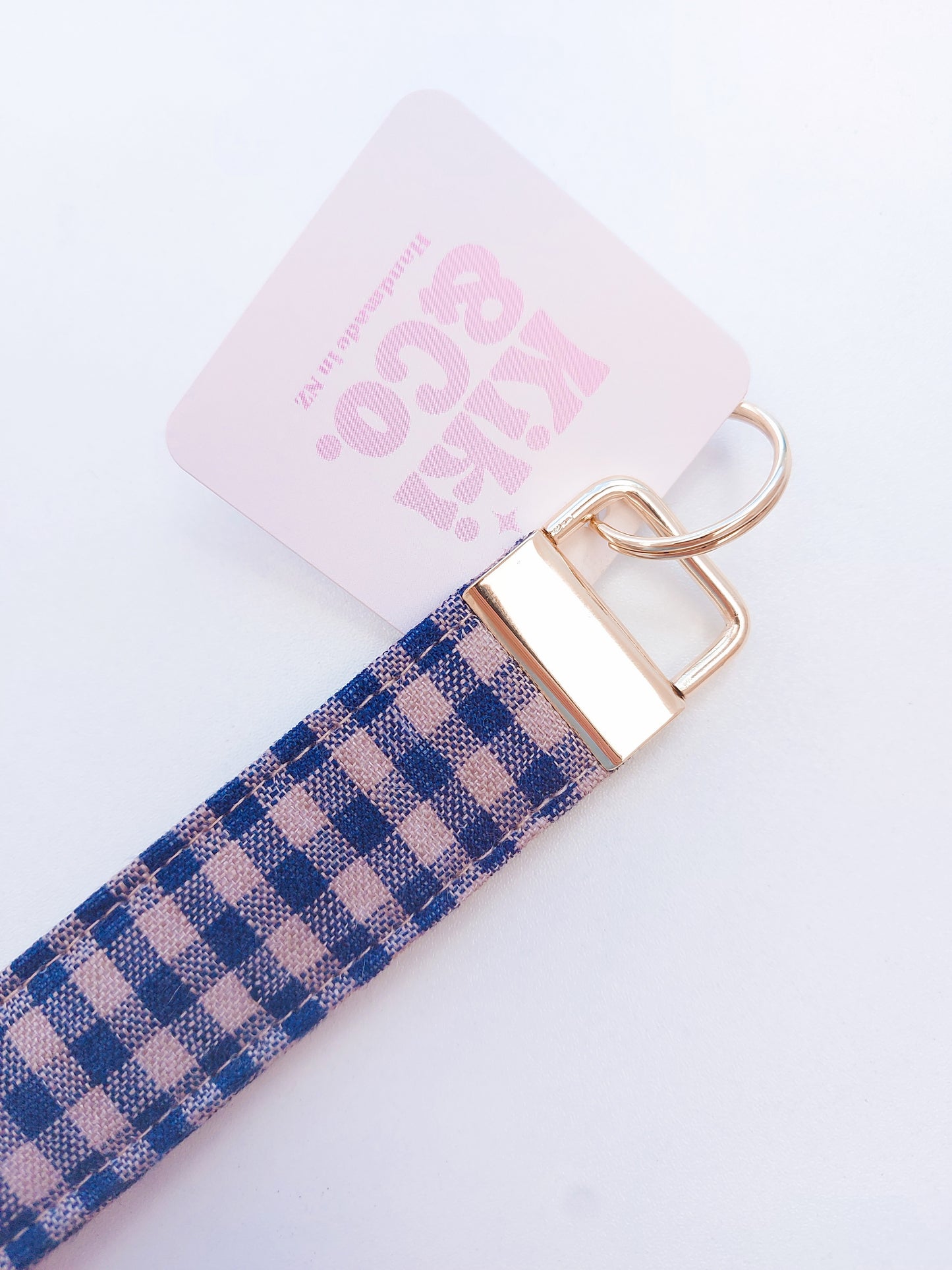 Keychain - Navy/beige Gingham linen