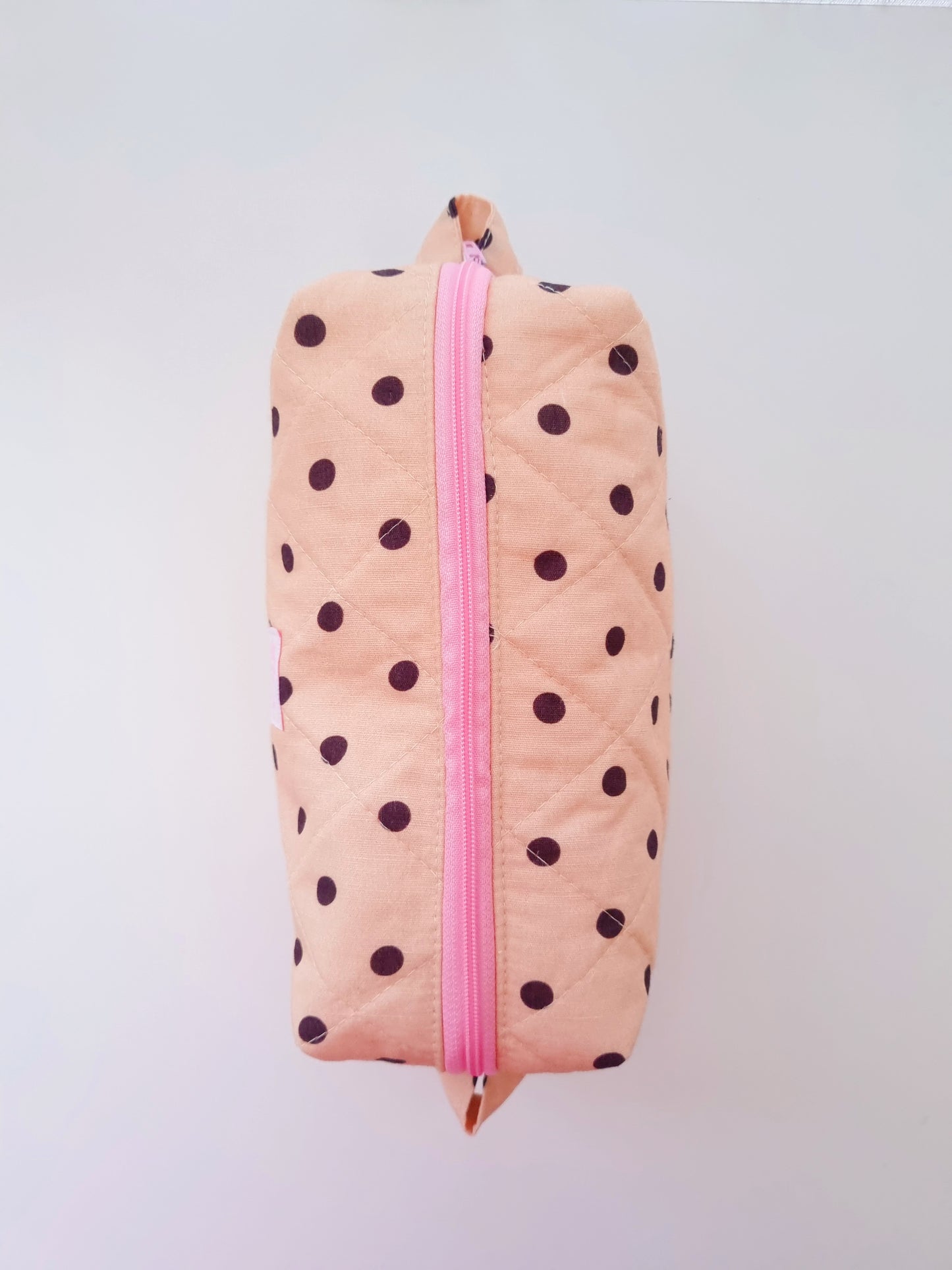 Quilted Makeup Bag- Beige/Brown Polka Dots