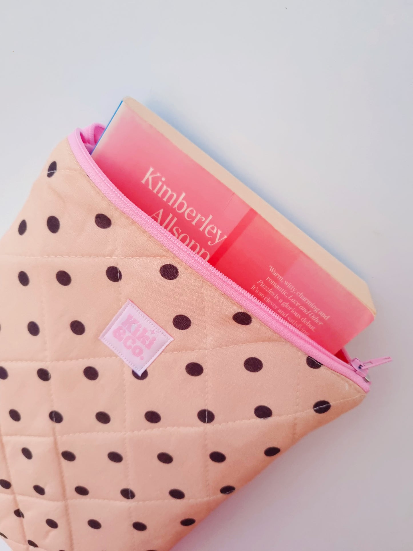 Quilted Book Sleeve - Beige/Brown Polka Dots