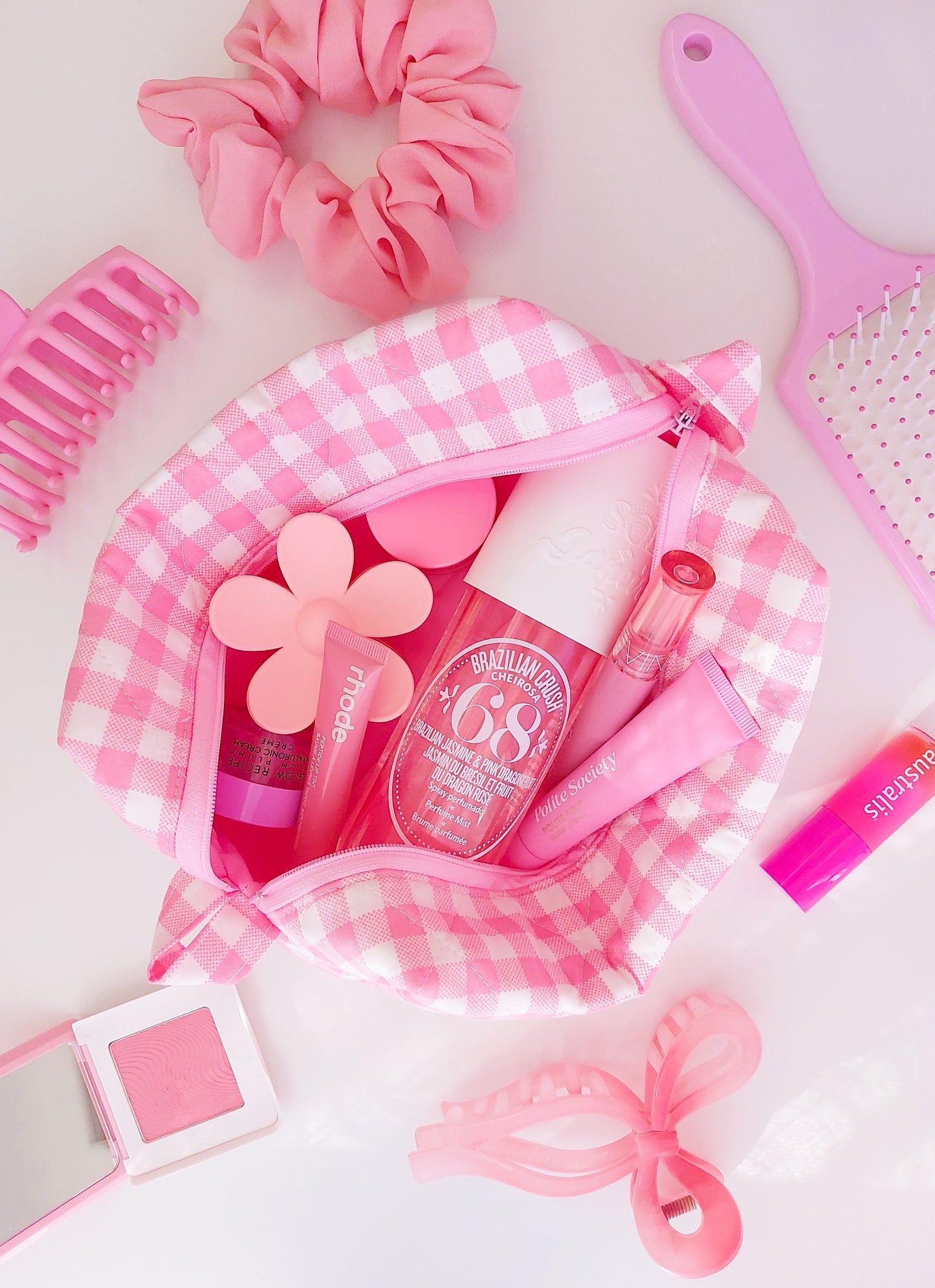 Quilted Makeup Bag- Pink Gingham