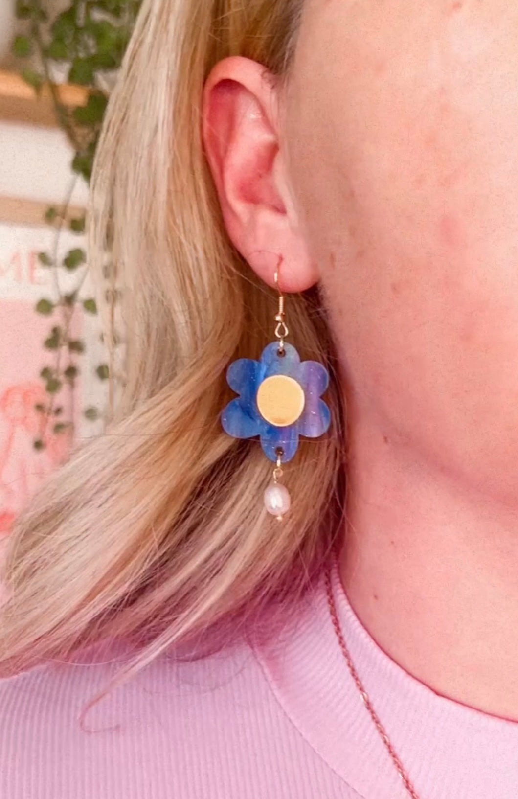 Juliet Earrings - Blue Marble / Gold / Freshwater Pearl