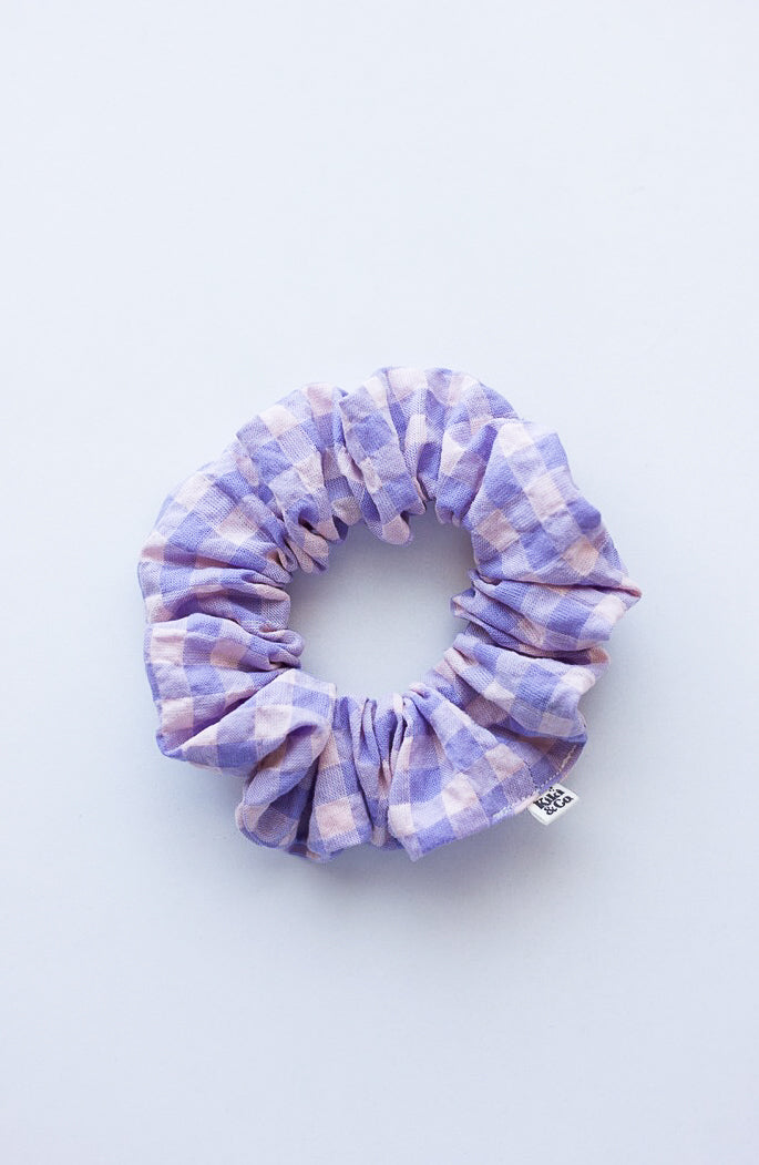 Scrunchie / Lilac + pink Gingham / Crinkle Cotton