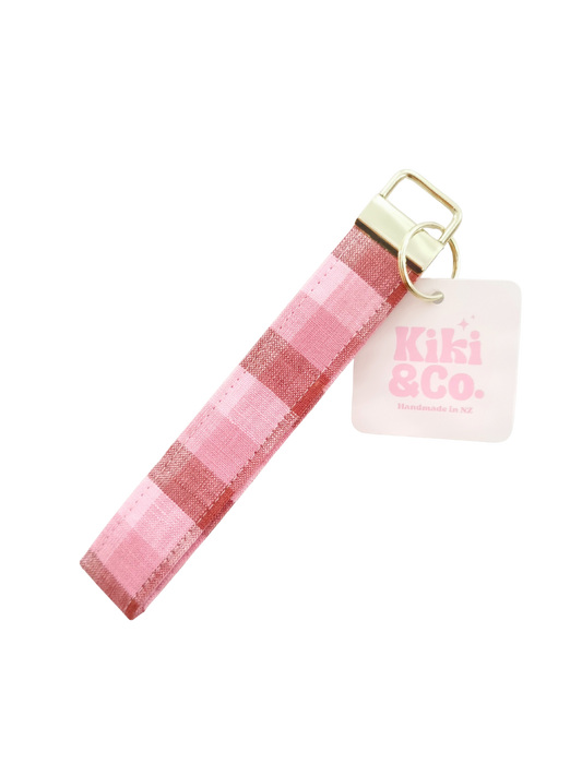 Keychain - Blush and Brown check linen