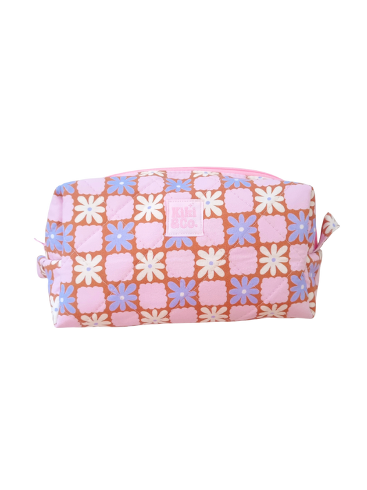 Quilted Makeup Bag- Retro Flower Grid