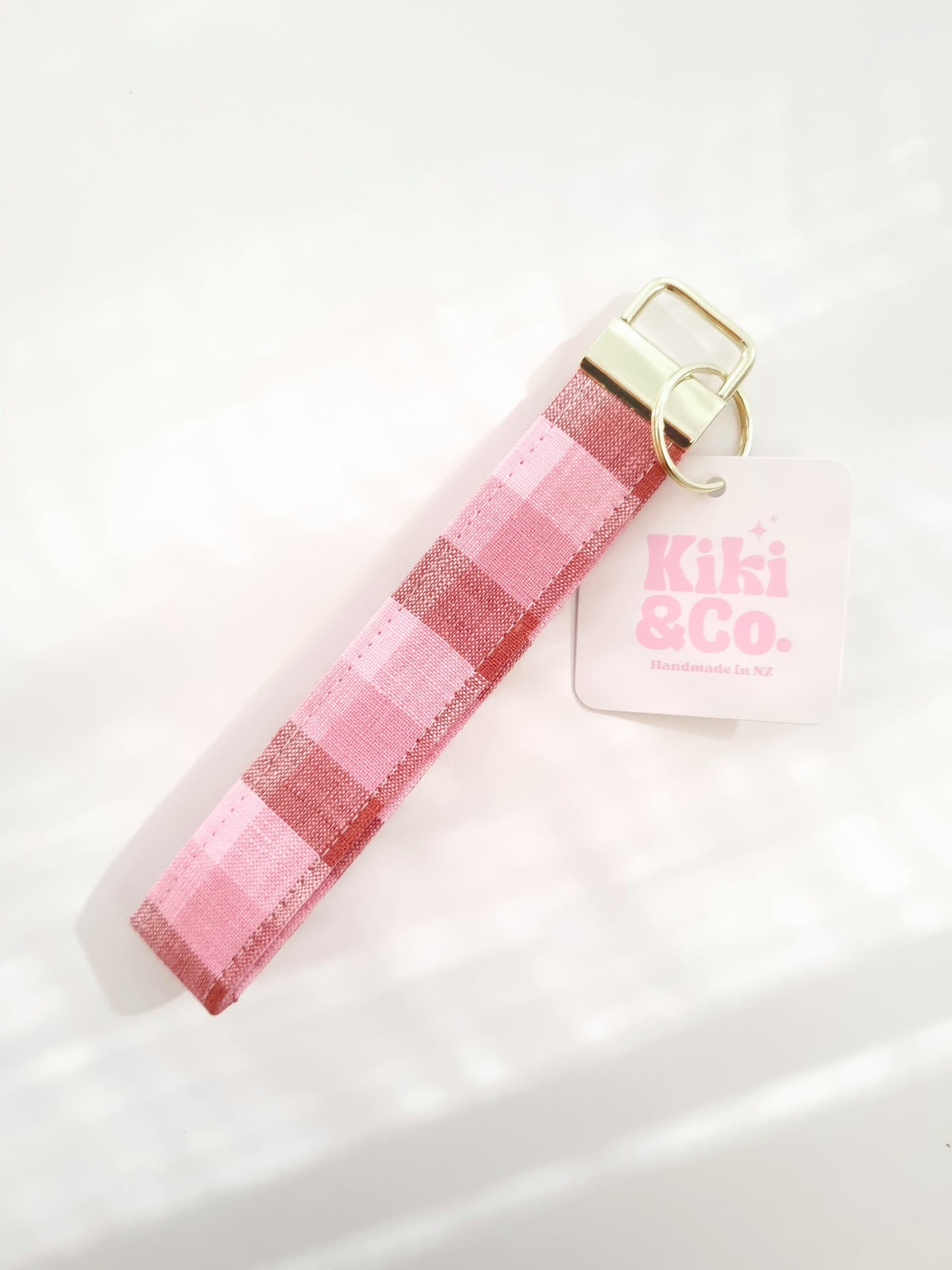 Keychain - Blush and Brown check linen