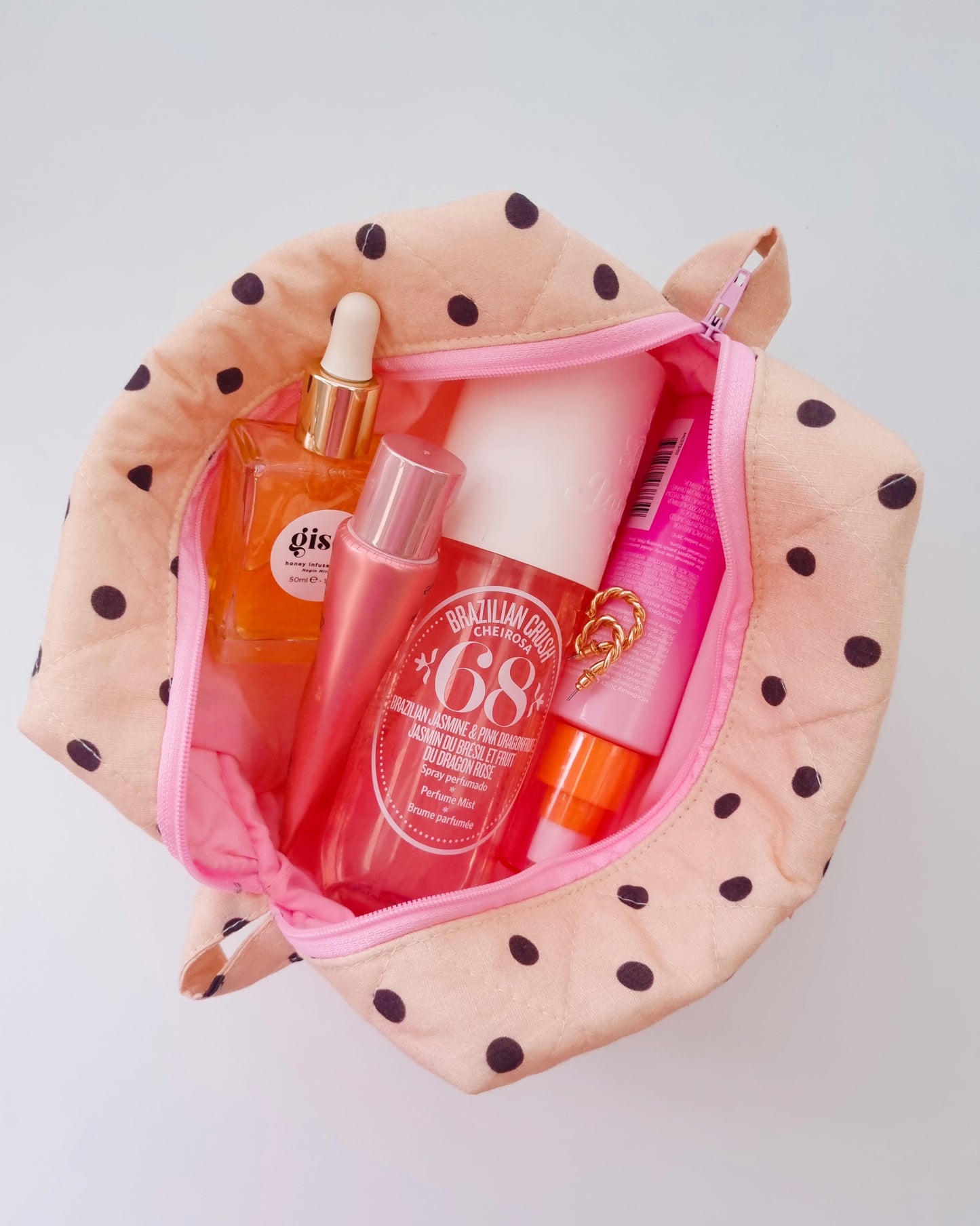 Quilted Makeup Bag- Beige/Brown Polka Dots