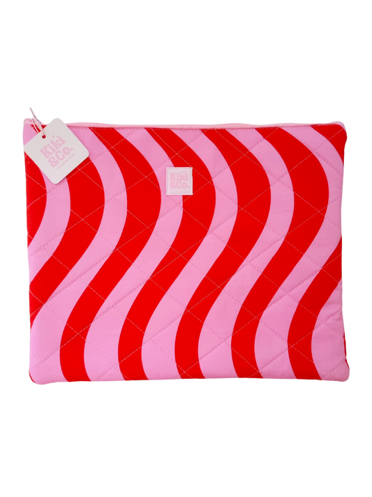 Quilted Laptop Sleeve - Pink/Red Wavy Stripes