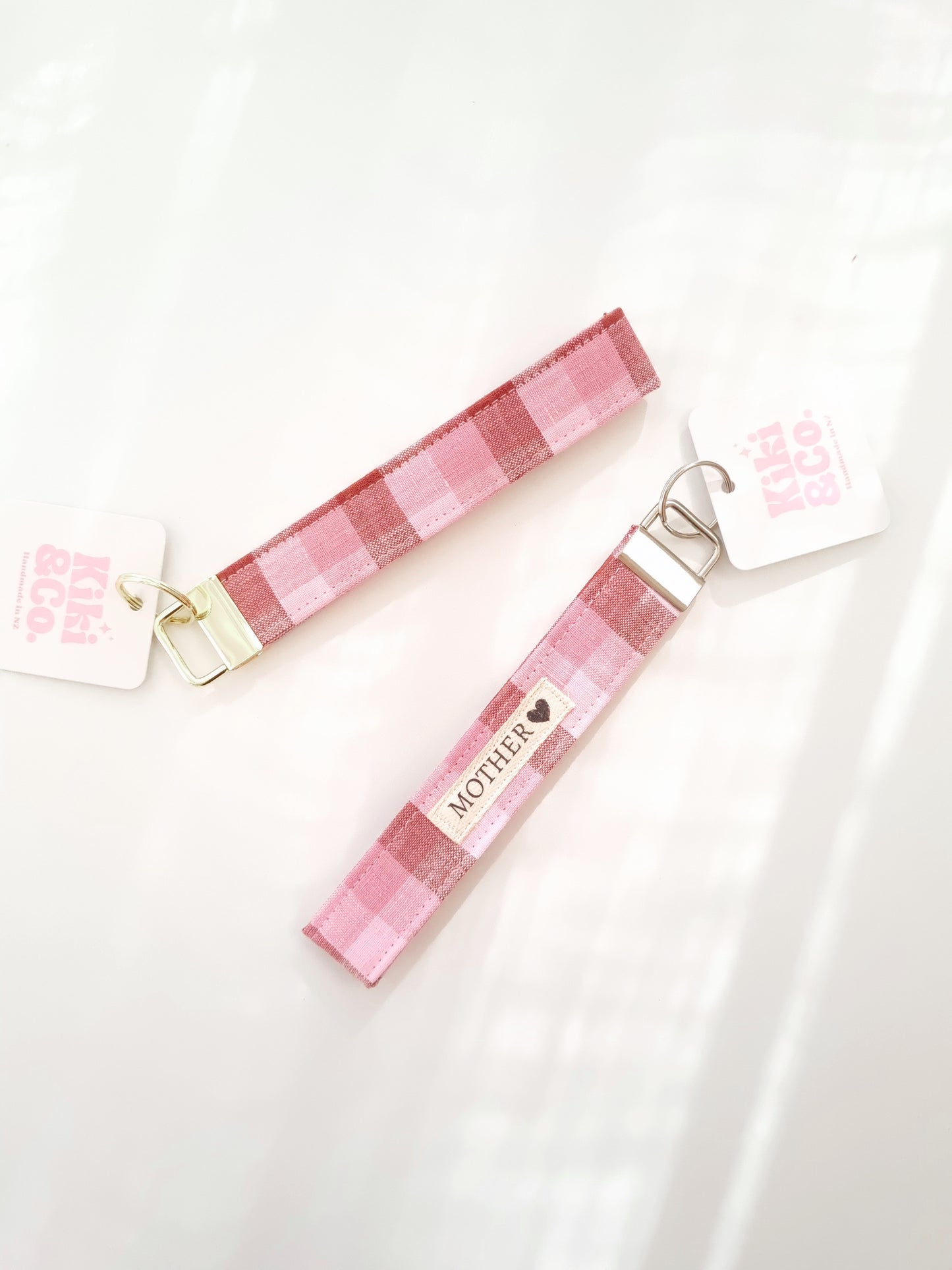 Keychain - Blush and Brown check linen
