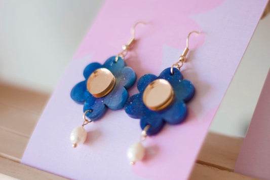 Juliet Earrings - Blue Marble / Gold / Freshwater Pearl