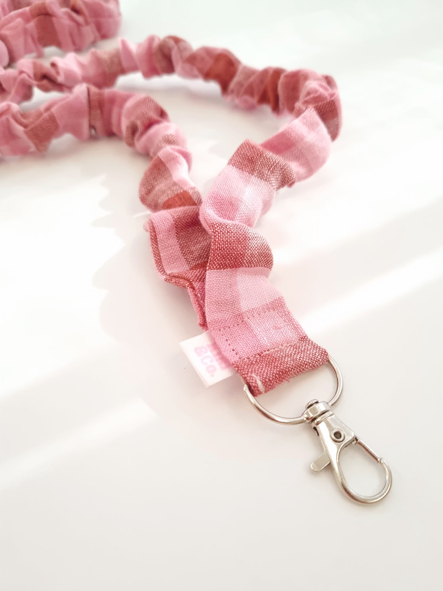 Scrunchie Lanyard - Blush and Brown Check Linen