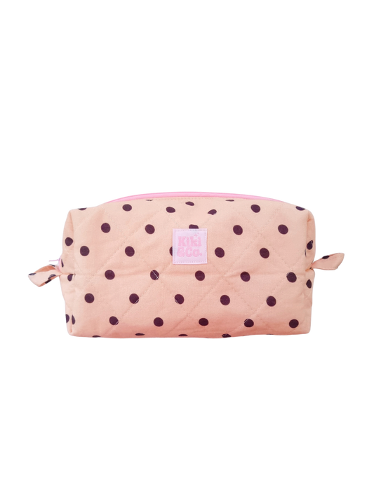 Quilted Makeup Bag- Beige/Brown Polka Dots