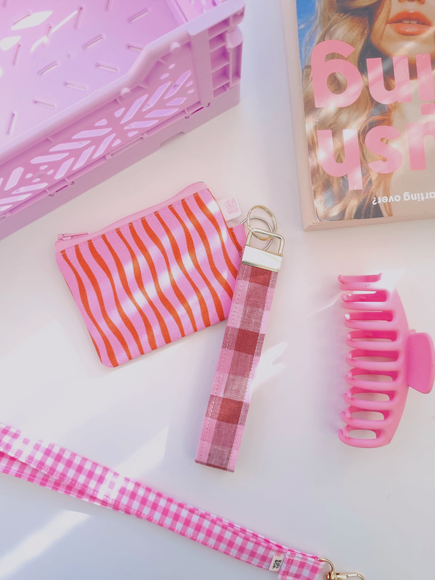 Keychain - Blush and Brown check linen