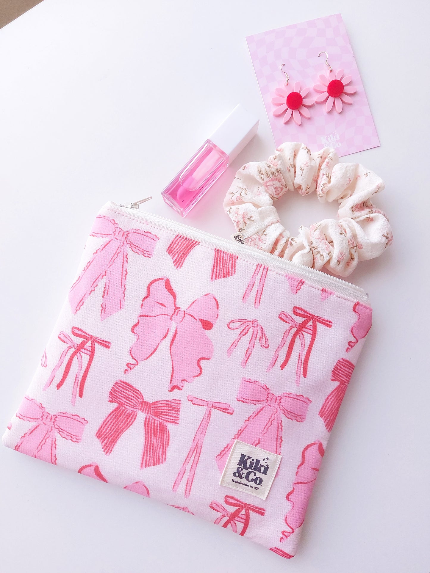 NEW Zipper Pouch - Pink Red Bows - select size